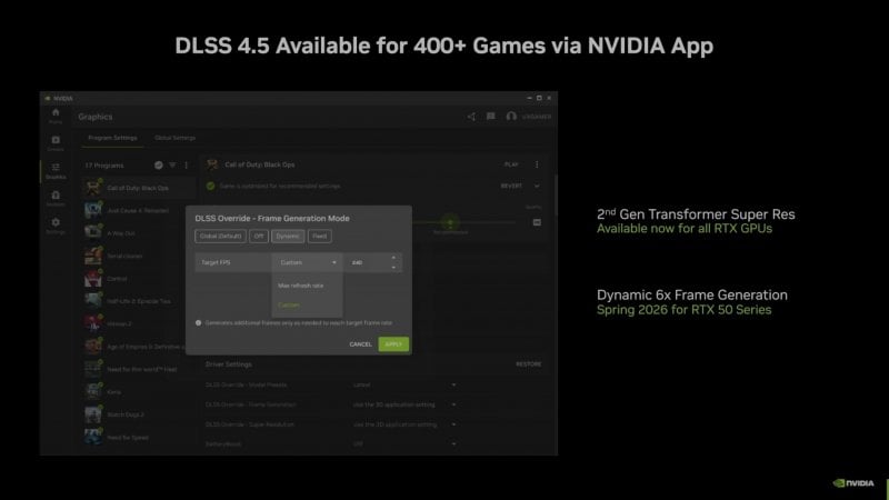 Dynamic Multi Frame Generation sarà attivabile in override direttamente dall'app NVIDIA