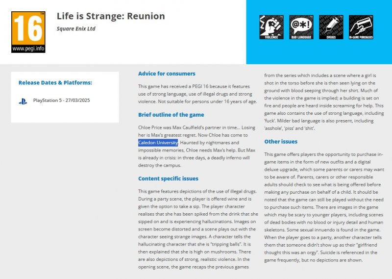 La pagina del PEGI su Life is Strange: Reunion