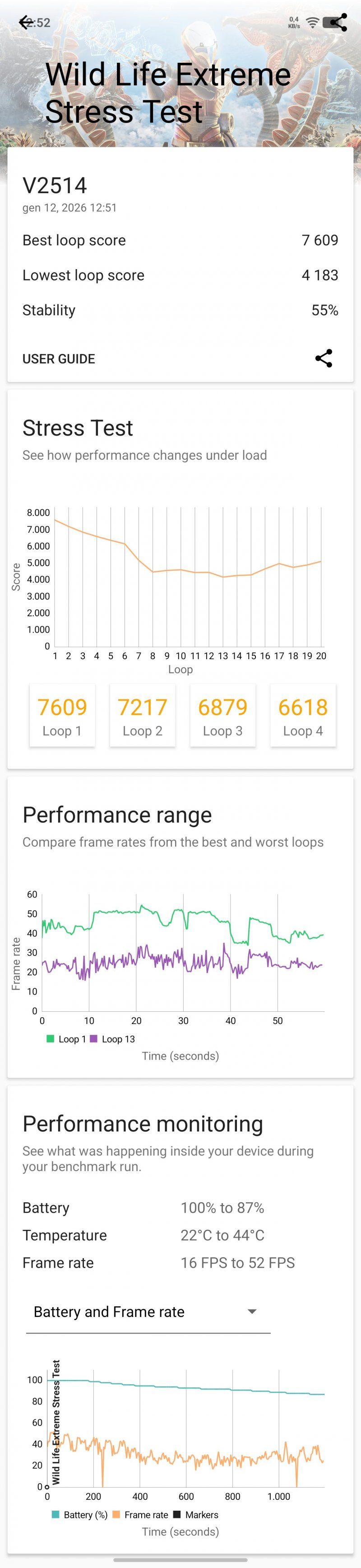 La stabilità nello stress test Wild Life Extreme non è eccezionale ma, dopo un calo marcato durante il terzo loop, i punteggi successivi si mantengono su valori estremamente dignitosi