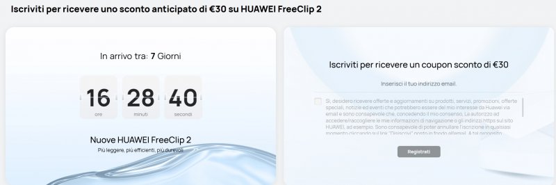 La pagina dedicata all'offerta di lancio delle Huawei Free Clip 2 ha un coundown che scade la mattina del 22 gennaio 2026