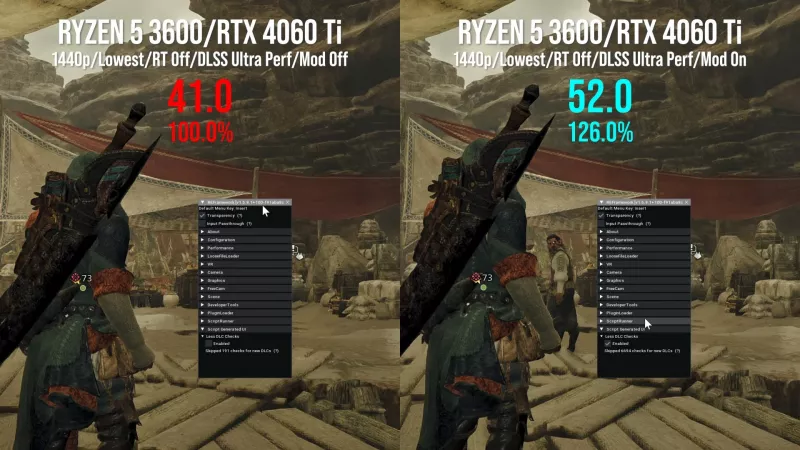 Test di Digital Foundry con e senza mod che aggira i check: come possiamo vedere si verificano dei cali di framerate circoscritti all'hub