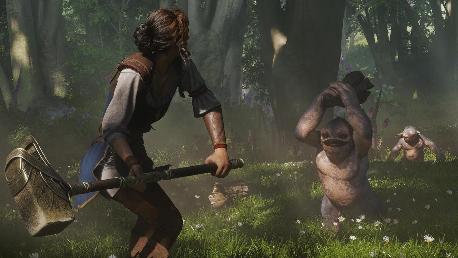 Un personaggio di Fable con un martello contro degli orchetti in una foresta