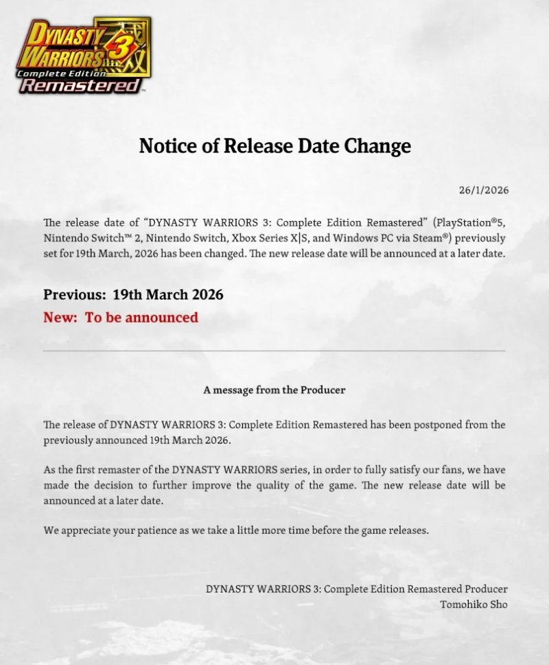 La dichiarazione del produttore di Dynasty Warriors 3: Complete Edition Remastered