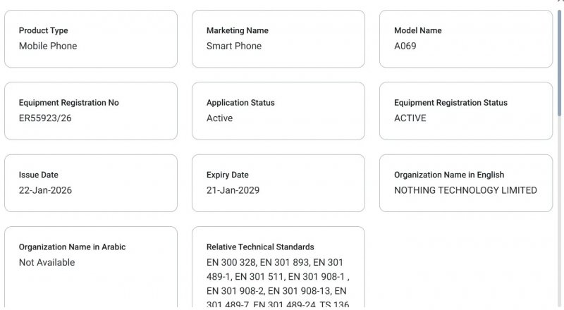 La certificazione del Nothing Phone 4a (Fonte: ZionsAnvin)