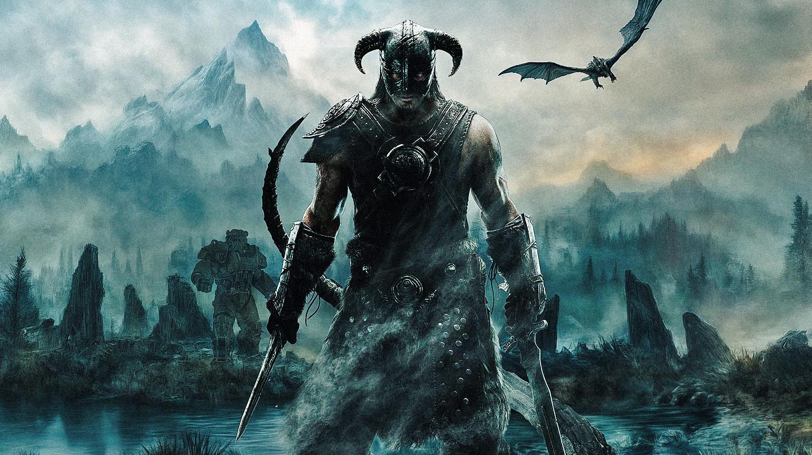 Il dovahkiin di Skyrim con elmo cornuto in mezzo alla nebbia