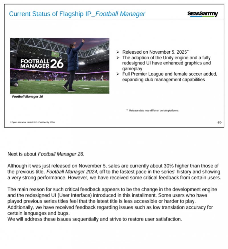 Sega parla di Football Manager 26 nel suo resoconto finanziario