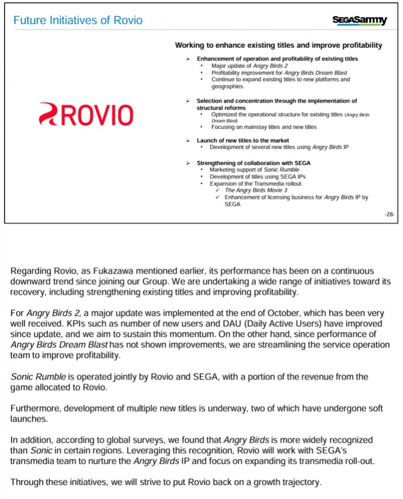 La pagina dedicata a Rovio del resoconto finanziario di Sega