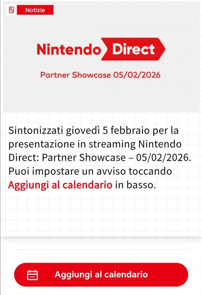 Il messaggio sul Nintendo Direct: Partner Showcase su Nintendo Today!