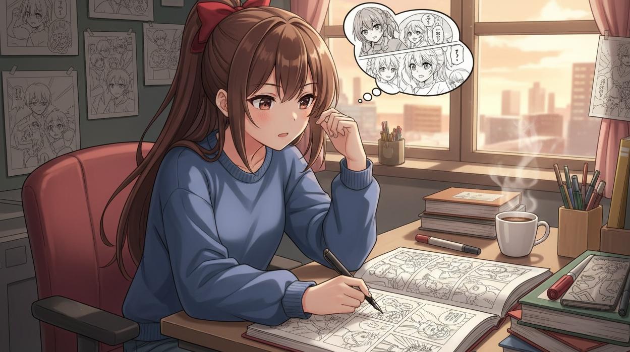 Una ragazza anime disgna un manga