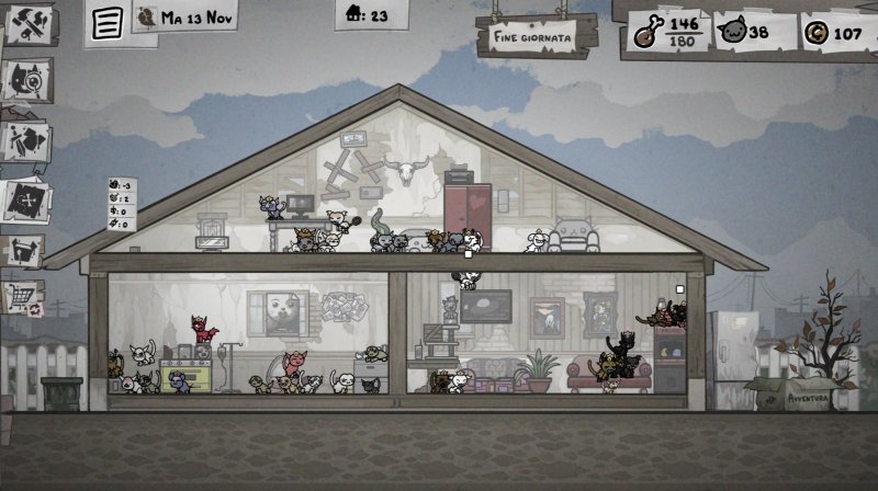 La schermata di gestione della casa, nella quale si possono esaminare i gatti e fare tante altre cose