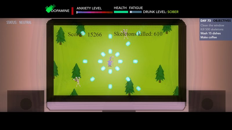 Sul computer del protagonista non può certo mancare una versione fantasy e 'tarocca' di Vampire Survivors