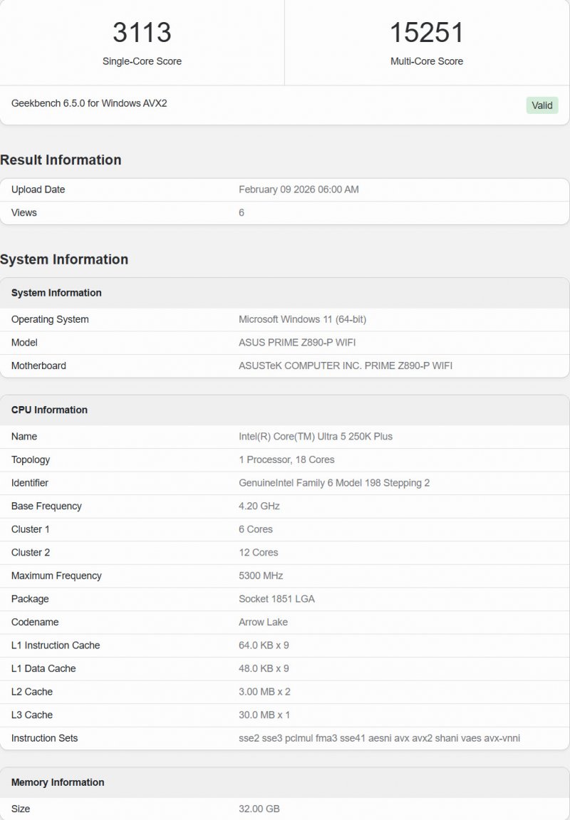 Intel Core Ultra 5 250K Plus Benchmark Leak