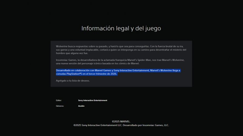 La descrizione di Marvel's Wolverine sul PlayStation Store latino americano