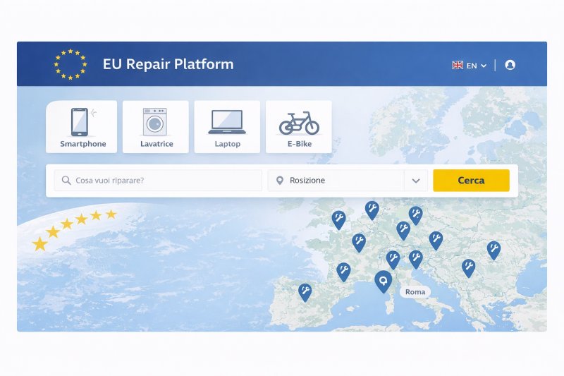 Mockup (non il sito ufficiale reale, quindi) di come potrebbe essere la Piattaforma online europea per la riparazione
