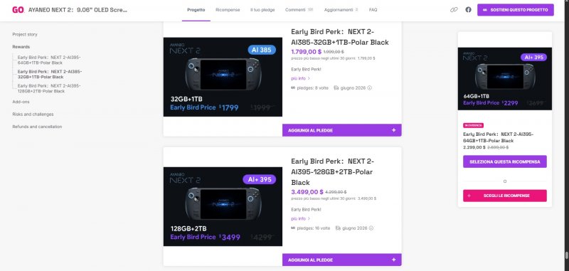 Le opzioni di acquisto con le offerte prevendita di Ayaneo Next 2