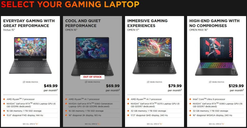 Alcune delle proposte di abbonamento per un laptop gaming HP