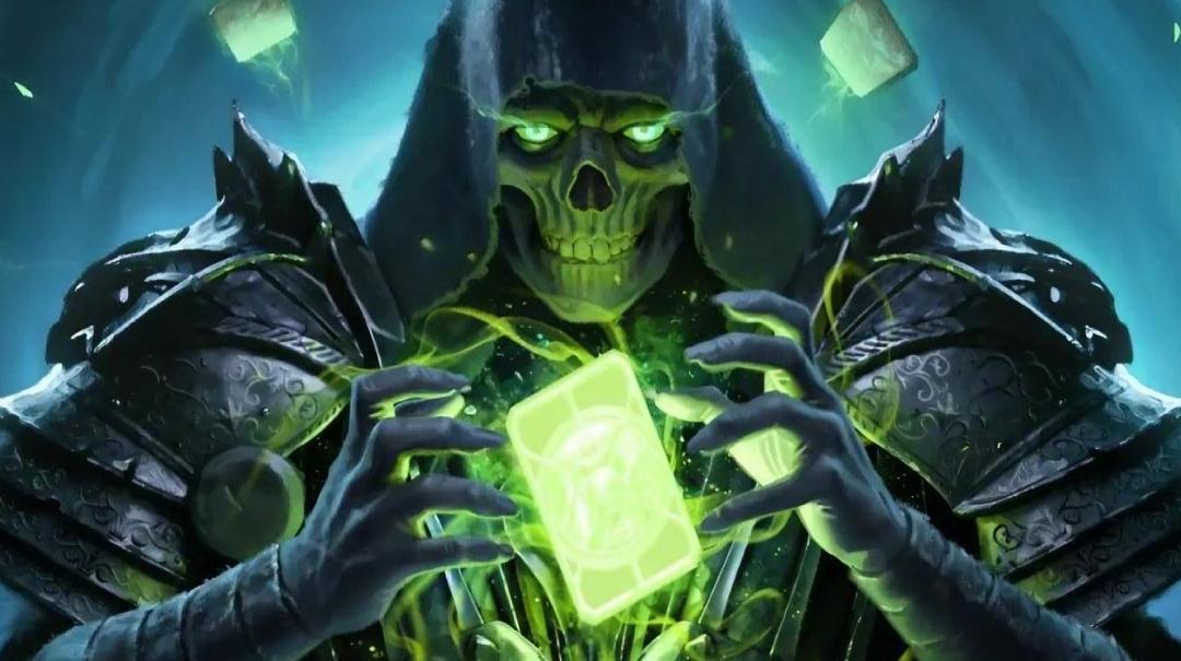 Uno scheletro che tiene una carta verde di Magic: The Gathering
