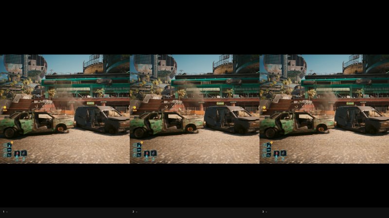 Uno screenshot da una sequenza di Cyberpunk 2077 oggetto del test: voi sapreste distinguere la risoluzione nativa?