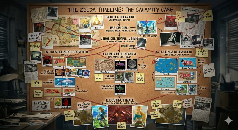 'Ecco una rappresentazione visiva della complessa timeline di The Legend of Zelda, organizzata come una vera e propria indagine poliziesca su una lavagna di sughero' (Gemini)
