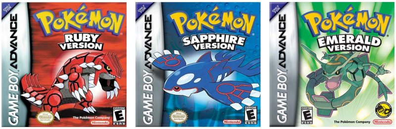 Le copertine di Pokémon Rubino, Zaffiro e Smeraldo