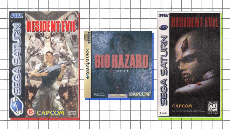 L'identità di Resident Evil su Sega Saturn: da sinistra, Europa, Giappone e Americhe