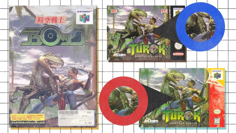 Turok: sotto e sopra rispettivamente la versione americana e tedesca del titolo, quest'ultima meno truculenta, mentre a sinistra la versione giapponese, dove il cacciatore diventa un nativo americano per qualche bizzarro motivo