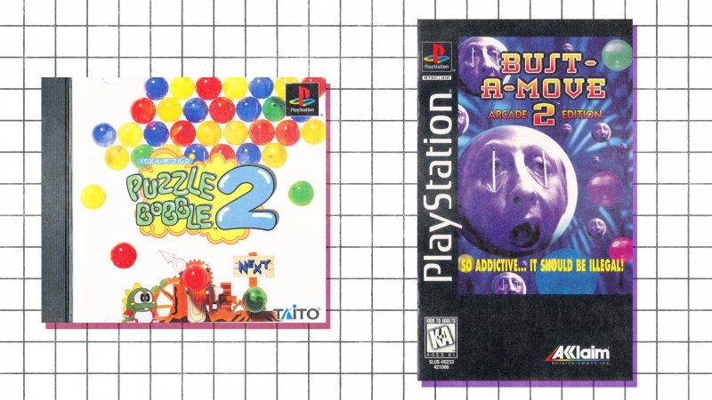 A sinistra la copertina giapponese e a destra quella americana di Puzzle Bobble 2 (altresì conosciuto come Bust-a-Move 2), indirizzate a due target decisamente differenti