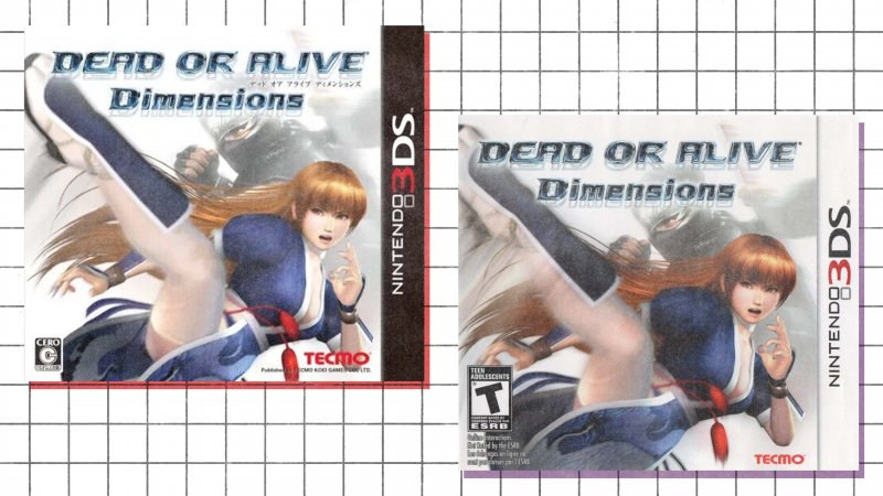 La copertina di Dead Or Alive: Dimensions è stata rimaneggiata in maniera quasi impercettibile per la distribuzione in territorio americano (destra)