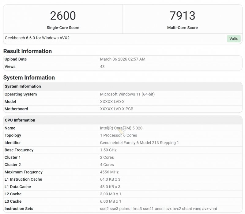 Intel Core 5 320 su Geekbench