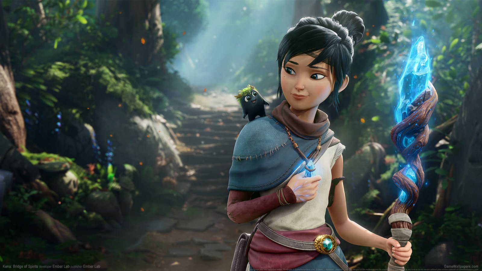 Un'immagine di Kena: Bridge of Spirits con la protagonista del gioco in primo piano e sulla sua spalla un simpatico Rot