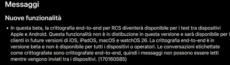 Il passaggio delle note della patch che spiegano l'utilizzo della crittografia end-to-end