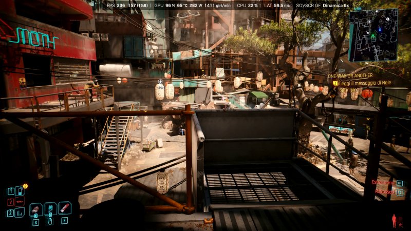 Cyberpunk 2077 passa con grande agilità dal fattore 6X mentre si è in gioco in scenari affollati e complessi...