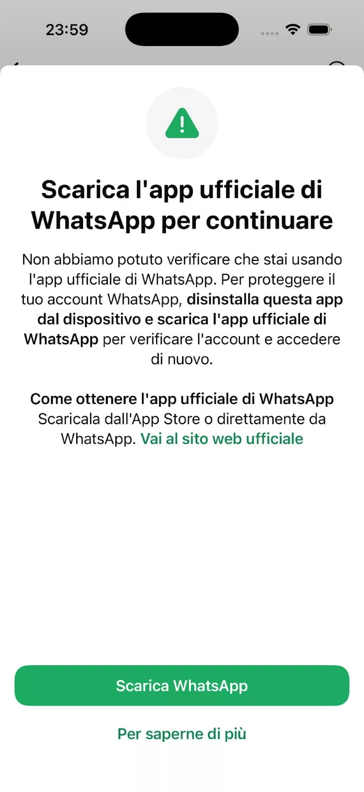 L'avviso con cui Meta ha sconnesso gli utenti che avevano scaricato l'app falsa