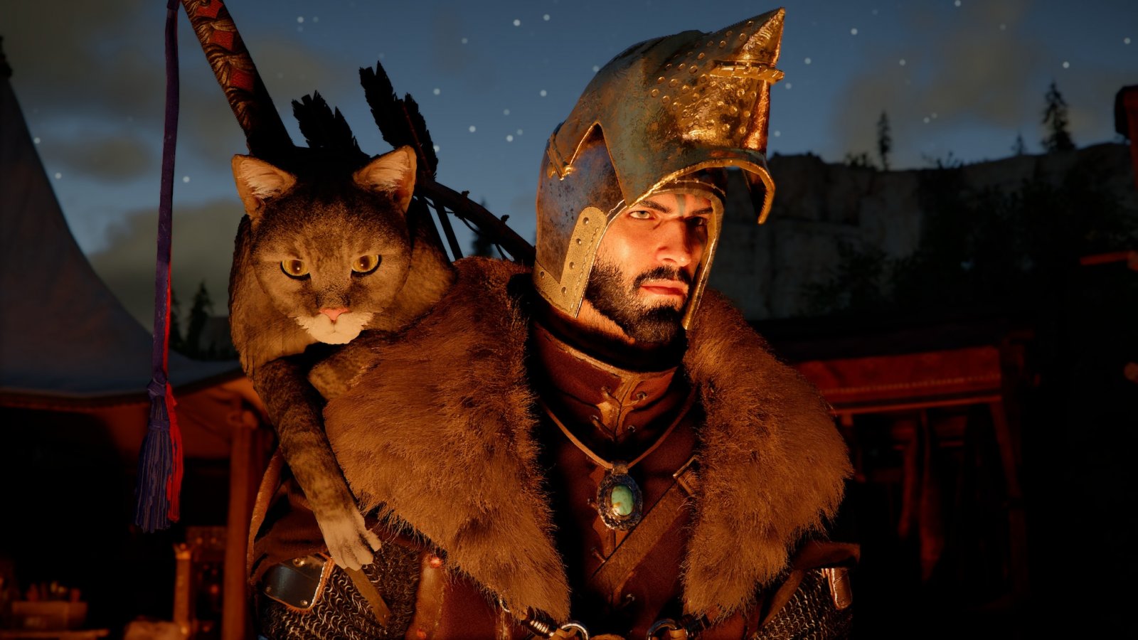 Kliff con un elmo appuntito e un gatto sulla spalla in Crimson Desert