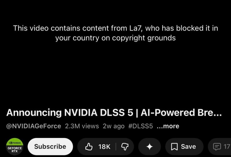Il messaggio che compare in corrispondenza del video ufficiale di NVIDIA sul DLSS 5