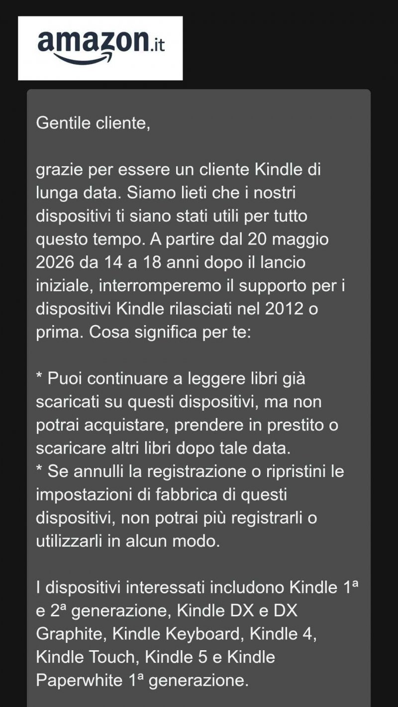 La mail inviata da Amazon sui dispositivi Kindle