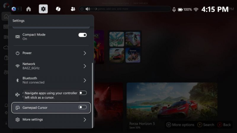 La spunta per abilitare l'opzione GamePad Cursor