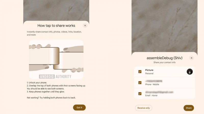 Le schermate della funzione Tap to Share catturate da Android Authority