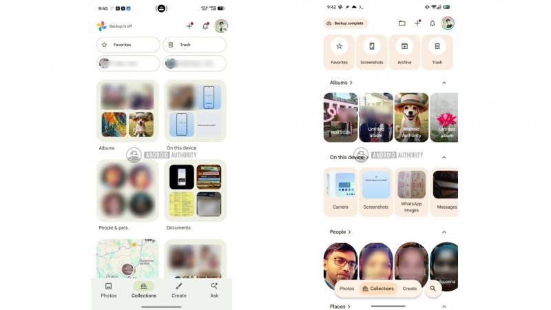 L'attuale interfaccia della scheda raccolte, a sinistra, vicino alla nuova, a destra (fonte: Android Authority)
