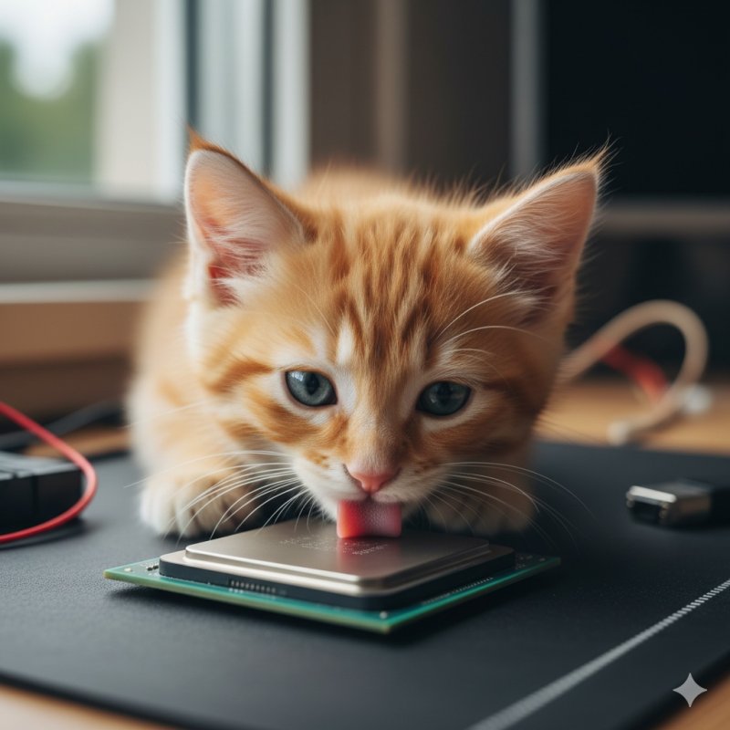 Un gattino IA che lecca una CPU IA