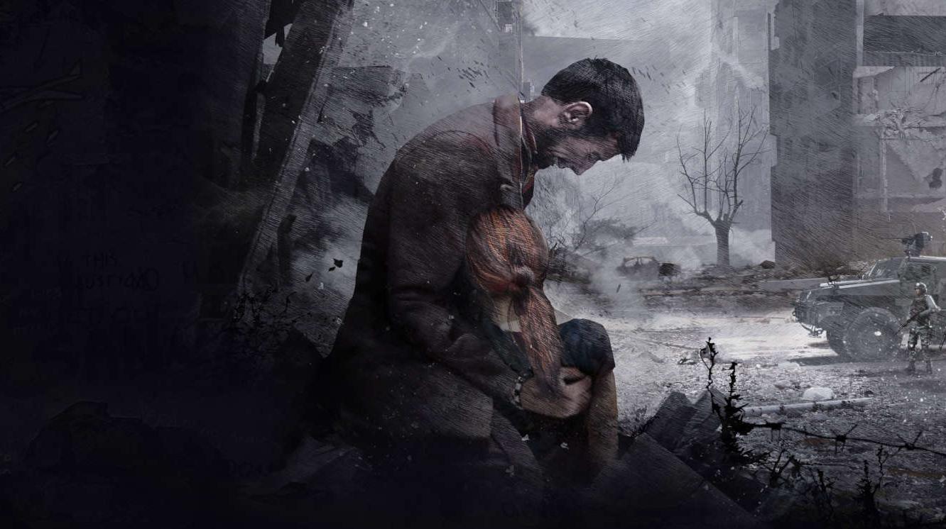 Un uomo tiene in braccio la figlia morta in This War of Mine