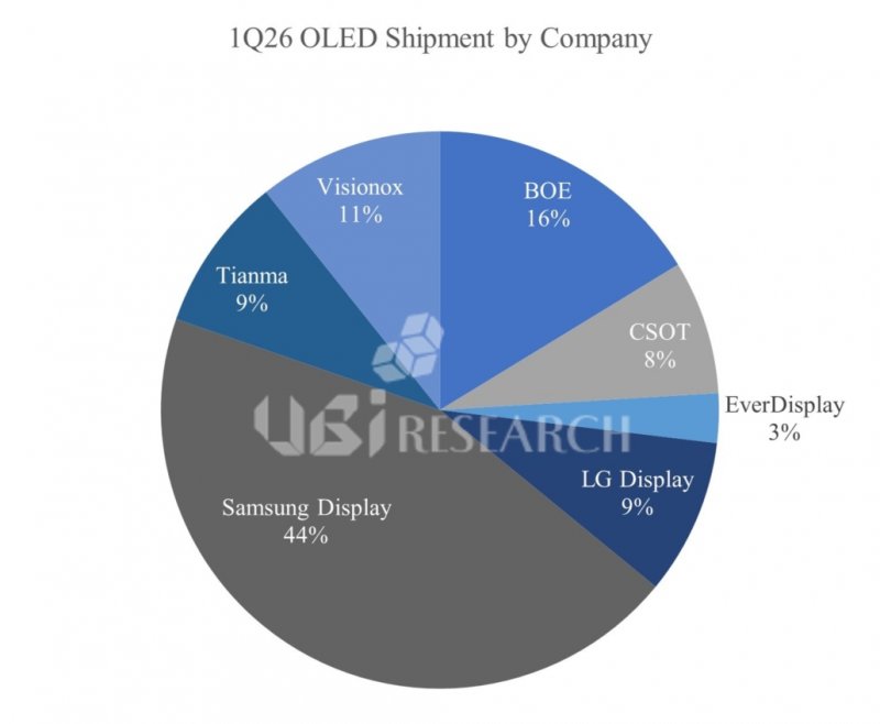 Quote di mercato delle spedizioni di smartphone OLED per azienda nel primo trimestre del 2026: Samsung Display mantiene la leadership con una quota del 44,4%, mentre il calo delle spedizioni dei produttori di pannelli coreani è stato pari a solo la metà rispetto a quello dei rivali cinesi (fonte: UBI Research)