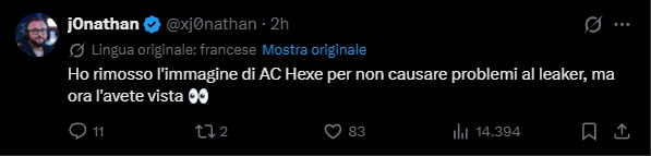 La conferma che j0nathan ha cancellato il tweet con l'immagine trafugata di Hexe
