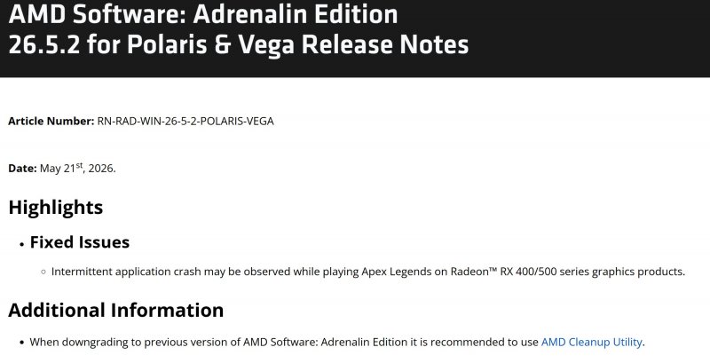 La brevissima patch note dell'aggiornamento