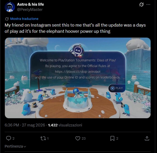 Il tweet sull'aggiornamento di Astro Bot