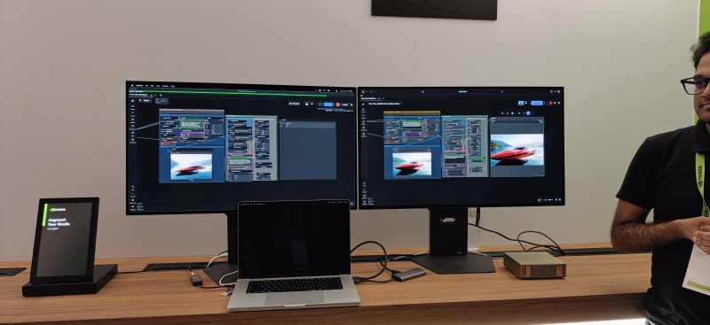 Il passaggio dal prompt al video su RTX Spark ha impiegato sui 30 secondi; il nuovo MacBook Pro, a sinistra, non aveva ancora finito quando siamo usciti dalla stanza per la tech demo dedicata all'IA
