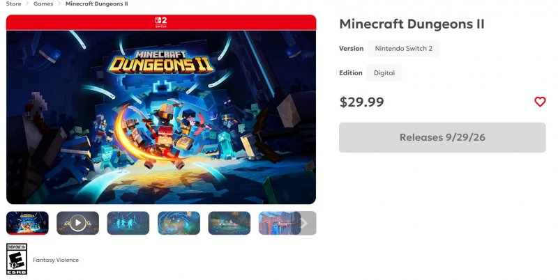 La pagina del Nintendo eShop con la data d'uscita di Minecraft Dungeons 2