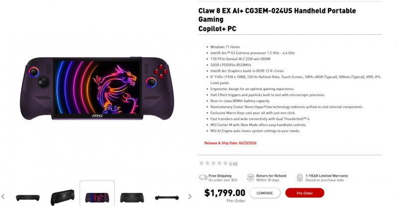 Msi Claw 8 Ex Msi Offiical Msrp 1536X796