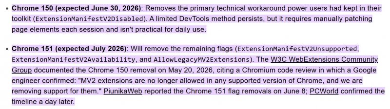 La timeline che evidenzia i prossimi passi per l'abbandono di uBlock Origin su Google Chrome