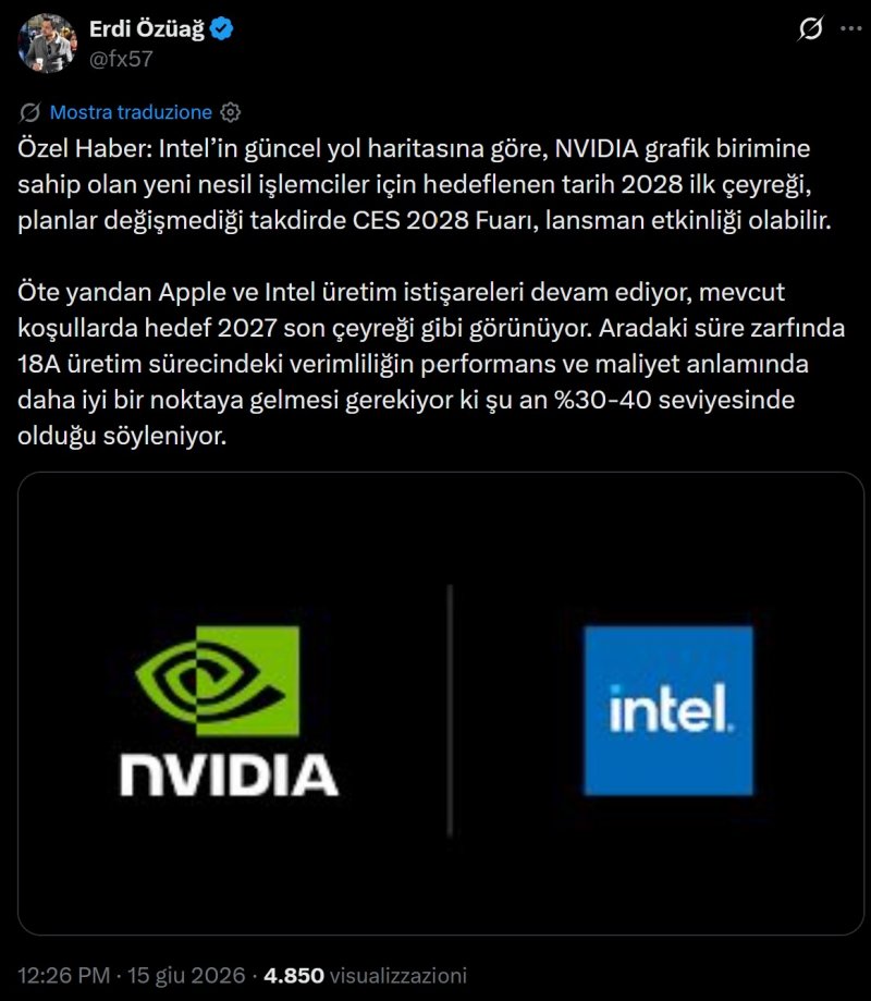 Il post del giornalista tecnologico Erdi Özüağ sulla finestra di uscita dei processori con RTX integrata